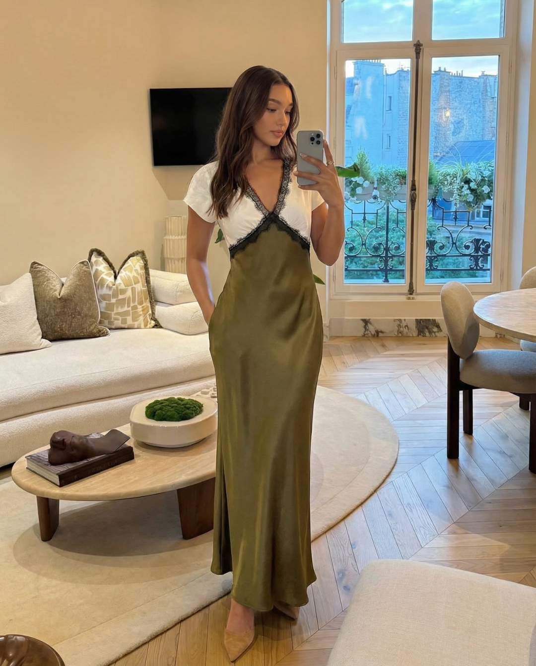 Blythe | Two-Tone Lace Trim Satin Midi Slip Dress