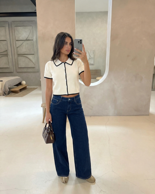 Ivy | Cropped Button Up Shirt Cream Short Sleeve Contrast Trim