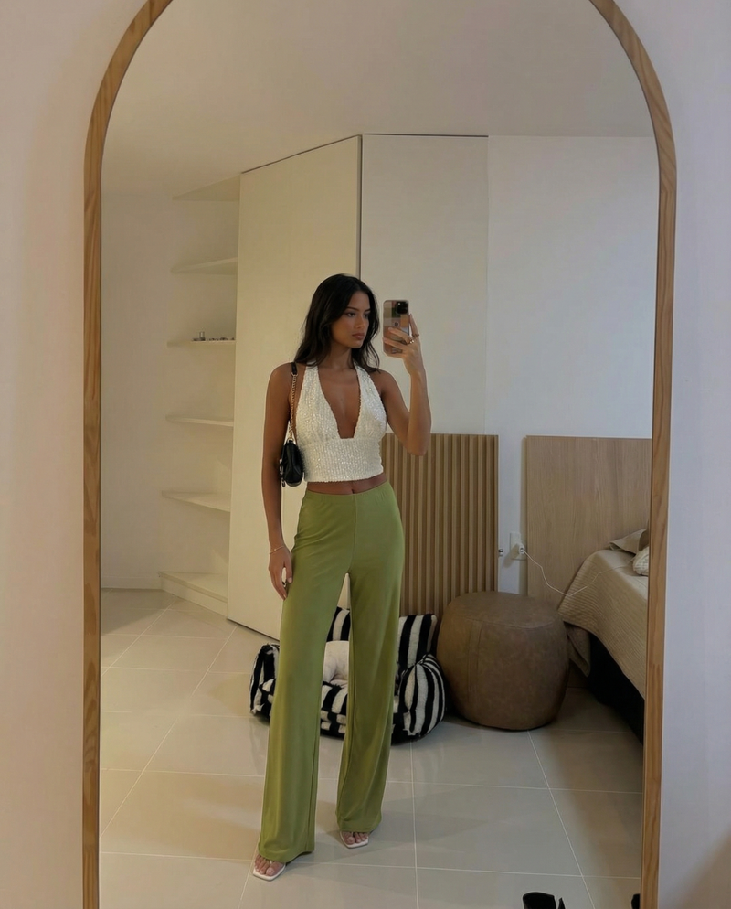 Stella | Casual Wide Leg Trousers Green Fluid Drape