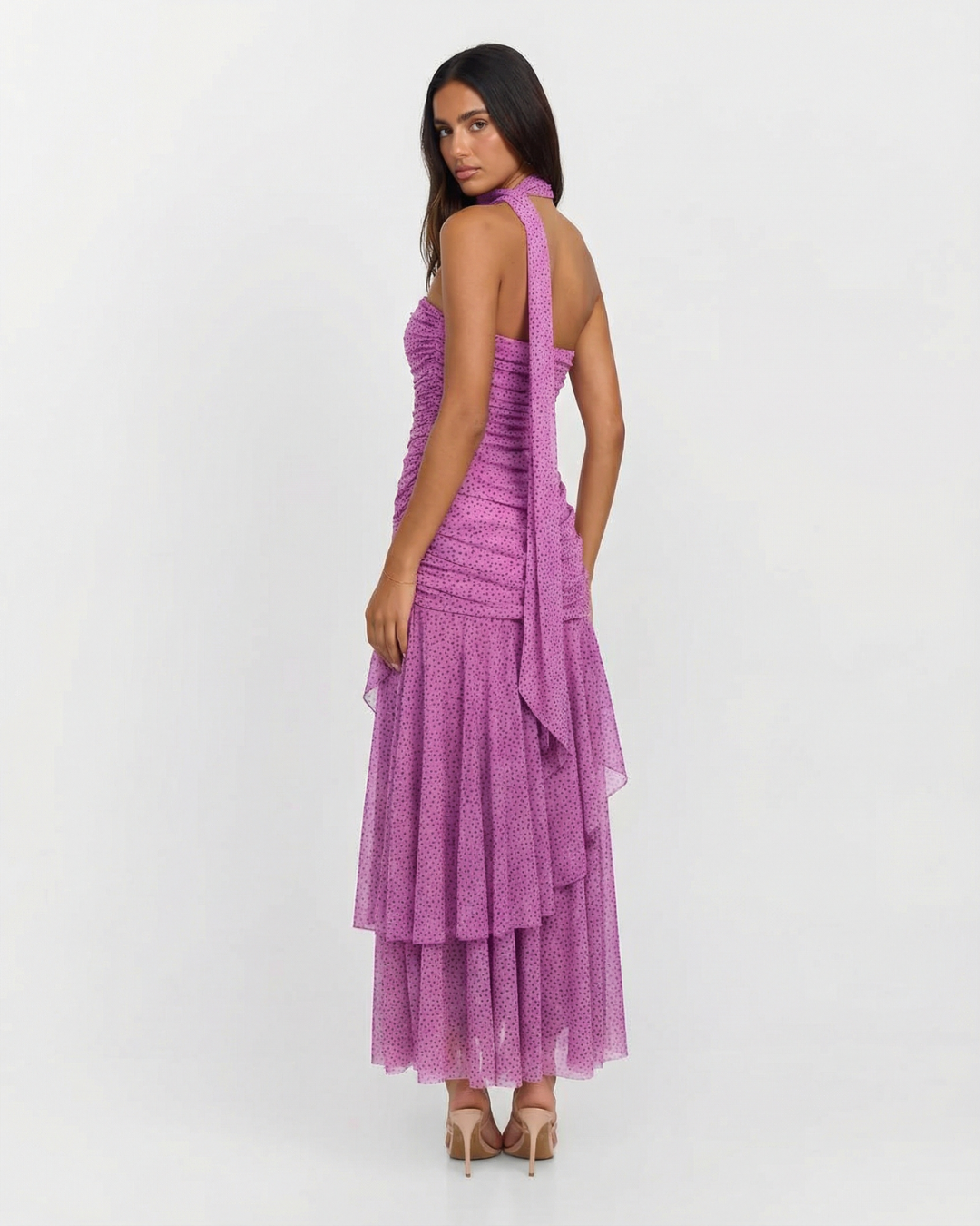 Alyssa | Polka Dot Ruched Bodice Asymmetric Chiffon Dress
