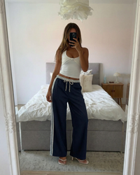 Eliana | Striped Waistband Drawstring Vertical Stripe Wide-Leg Trousers in Navy