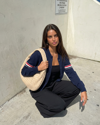 Maya | Stripe Arm Detail Crew Neck Button Front Ribbed Cropped Knit Cardigan