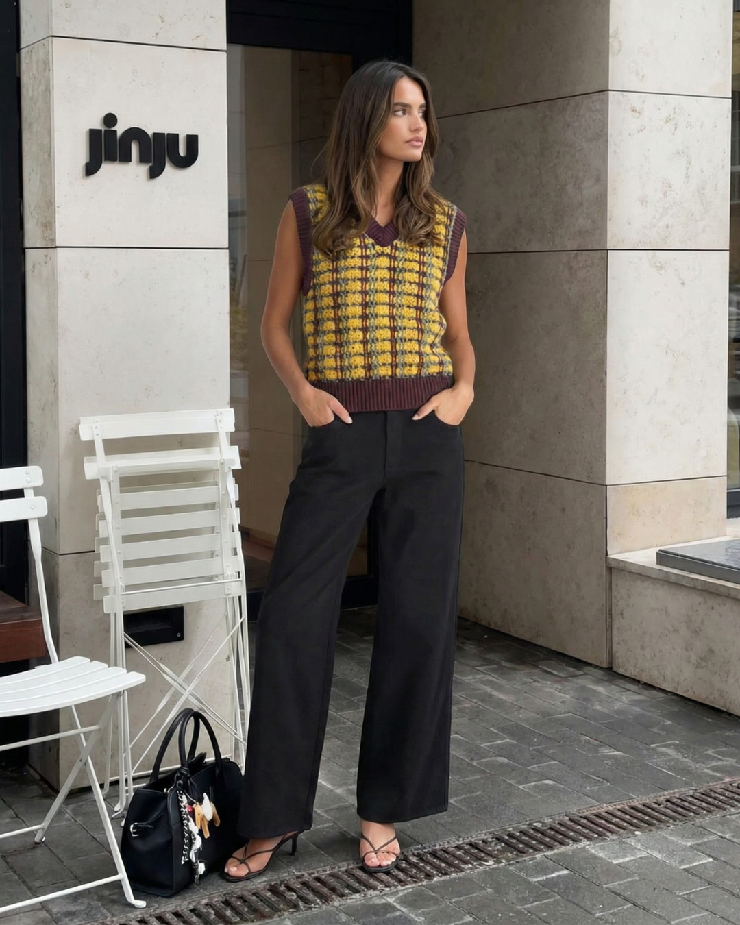 Sia | Knitted Vest Top Yellow Purple Sleeveless V Neck Check Pattern