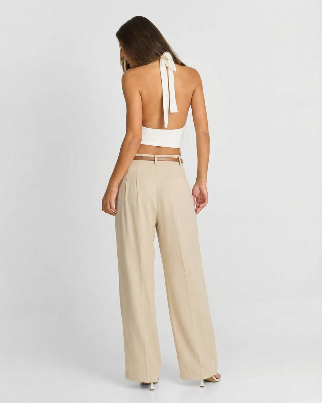 Nicole | High-Waist Pleated Belt Loop Wide-Leg Linen Trousers in Cream