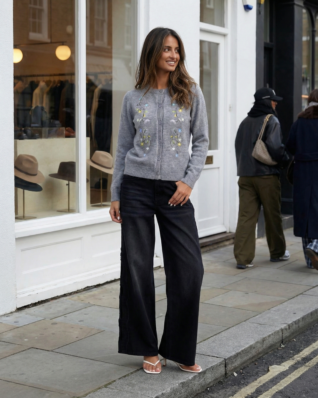 Beatrice | Floral Embroidery Crew Neck Button Front Knit Cardigan