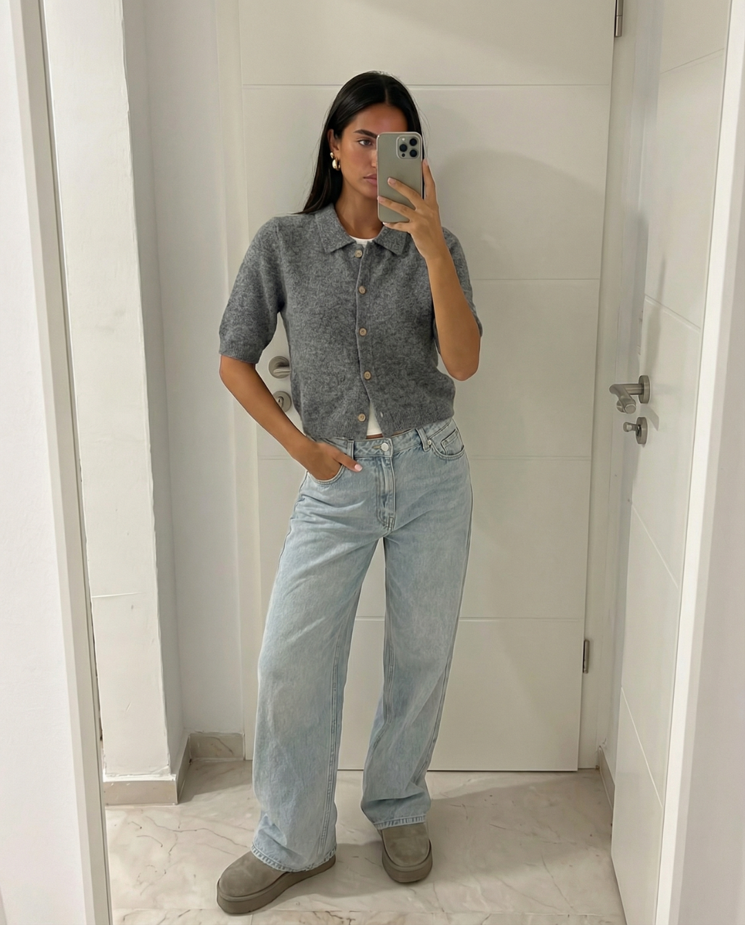 Ruby | Grey Cosy Short Sleeve Knit Polo Cardigan