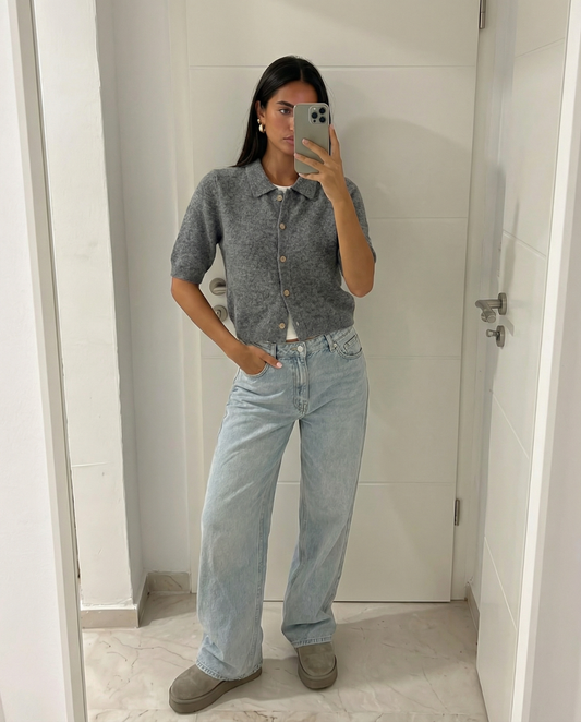 Ruby | Grey Cosy Short Sleeve Knit Polo Cardigan