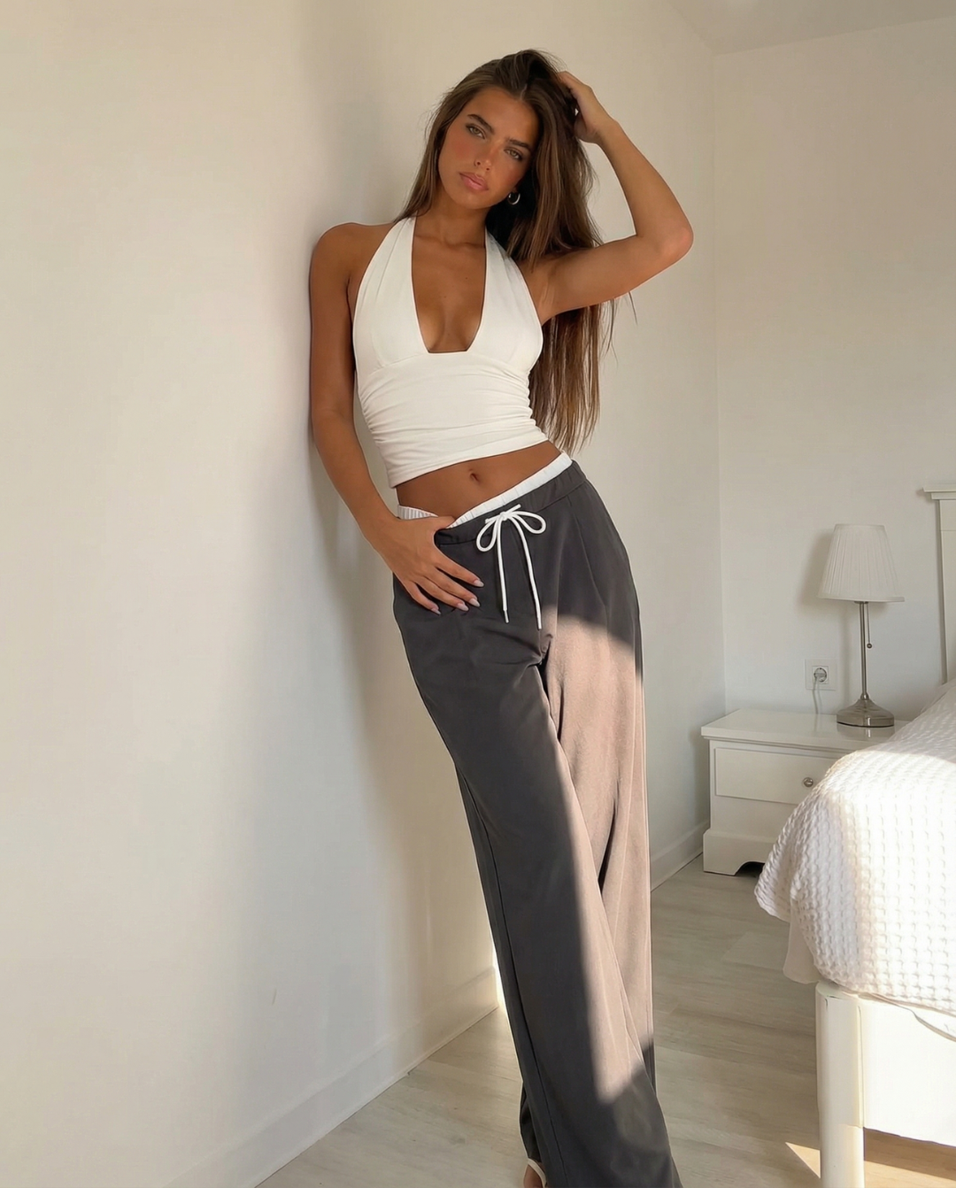 Alis | Casual Wide Leg Joggers Charcoal Drawstring