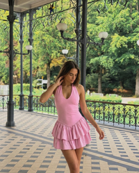 Nicole | Plunge V Halter Neck Tiered Ruffle Mini Dress