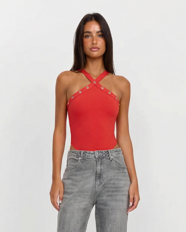 Cora | Criss-Cross Halter Top in Red