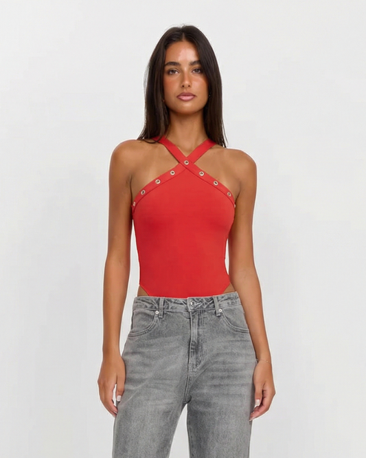 Vera | Halter Crop Top Red Rivet Detail