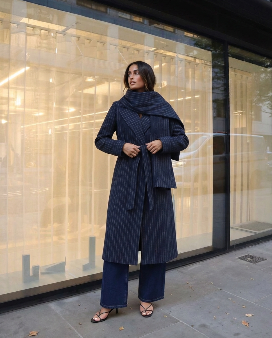 Alyssa | Longline Pinstripe Belted Coat