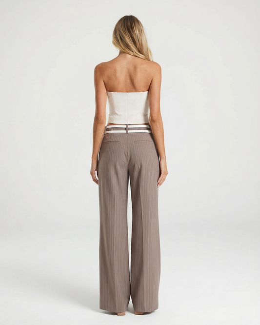 Orla | Casual Tailored Trousers Taupe Pinstripe Belted