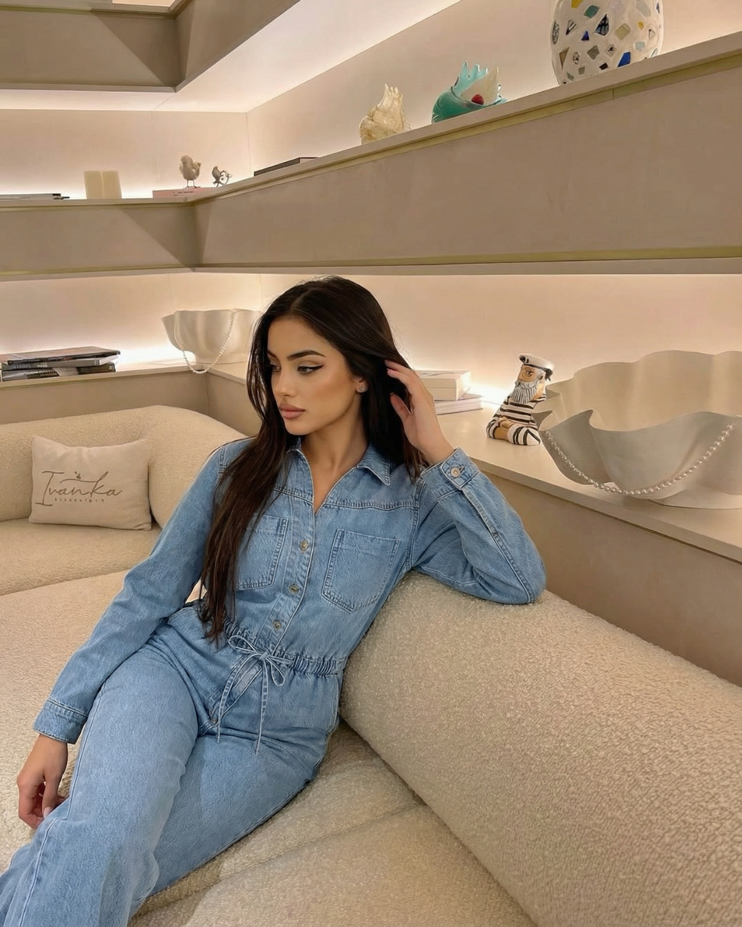 Arabella | Drawstring Waist Collared V-Neck Chest Pocket Wide-Leg Light Wash Denim Jumpsuit