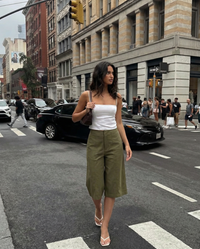 Myla | High-Rise Centre Seam Wide-Leg Cotton Capri Trousers in Khaki