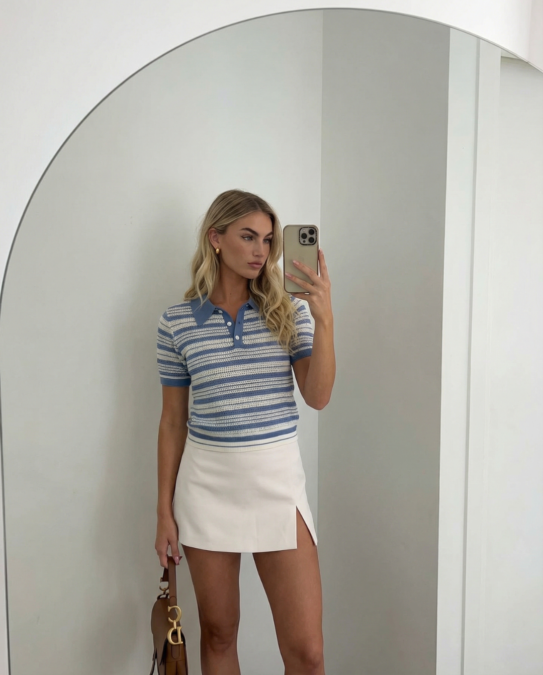 Daisy | Light Blue Breathable Crochet Knit Striped Polo Top