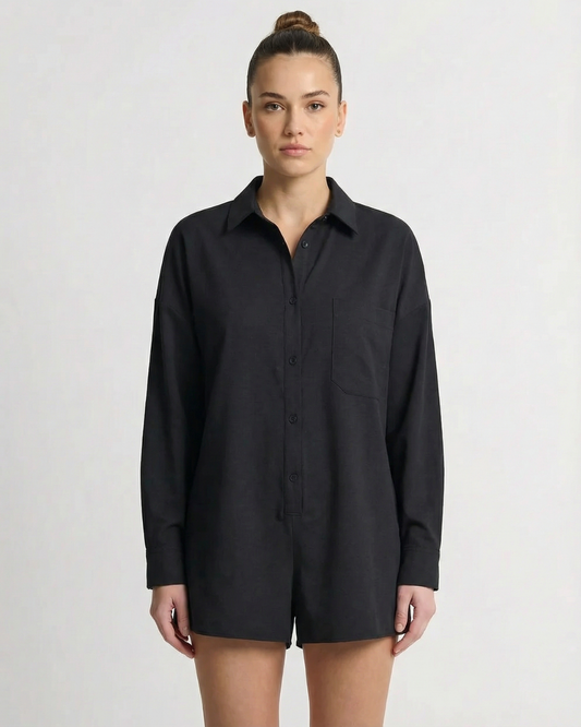 Bea | Casual Utility Button Romper Black Long Sleeve