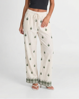 Hazel | Embroidered Drawstring Geometric Hem Wide-Leg Linen Trousers in Cream