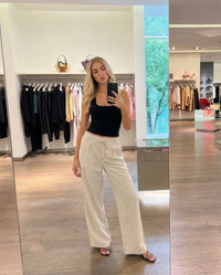 Emily | Drawstring Front-Pleat Wide-Leg Linen Trousers with Elasticated Back