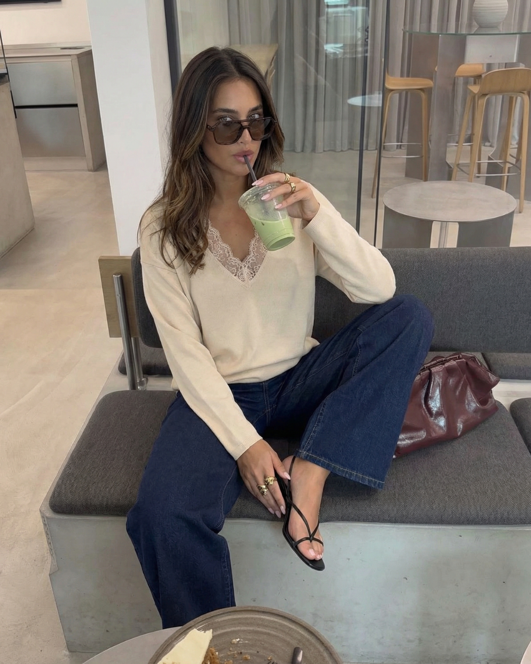 Niamh | V-Neck Lace Trim Long Sleeve Soft Knit Top