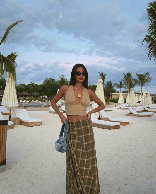 Darcy | Maxi Skirt Brown Check Wrap A Line