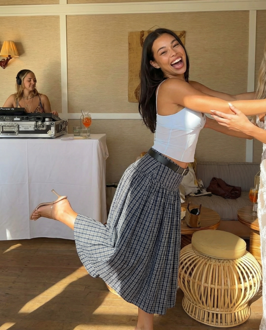 Zuri | Check Midi Skirt Navy Blue Pleated High Waisted A Line