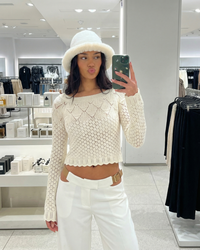Freya | Wide Boat Neck Scallop Trim Open Crochet Crop Top