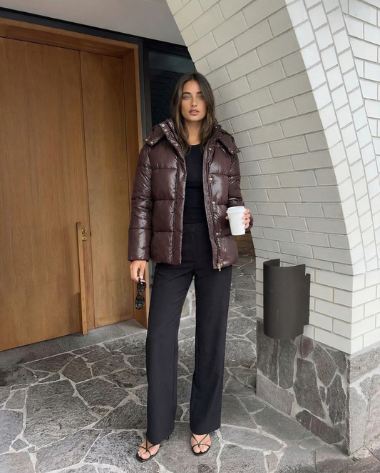 Faye | Winter Puffer Jacket Quilted Brown Hooded Long Sleeve