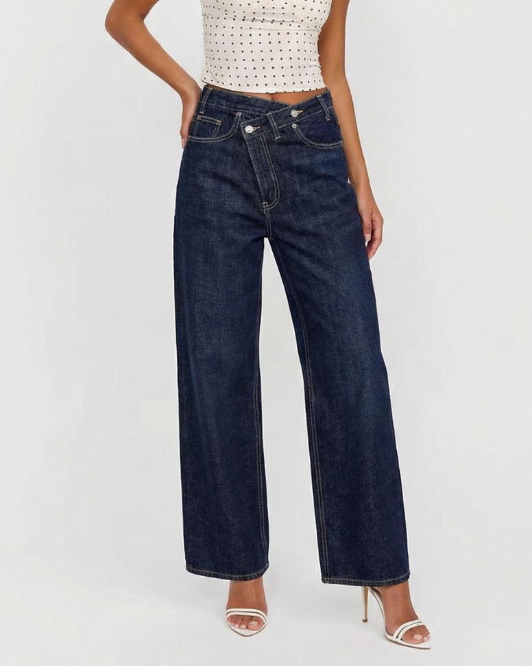 Vera | High Waisted Wide Leg Jeans Dark Wash Contrast Stitch