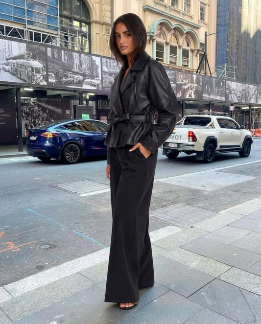 Lena | Leather Jacket Black Belted Cropped