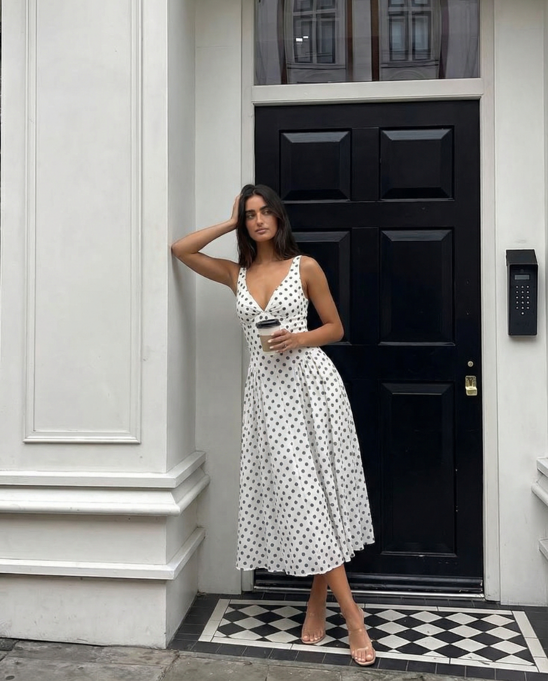 Eliana | Polka Dot V-Neck Pleated Midi Dress