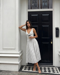 Eliana | Polka Dot V-Neck Pleated Midi Dress