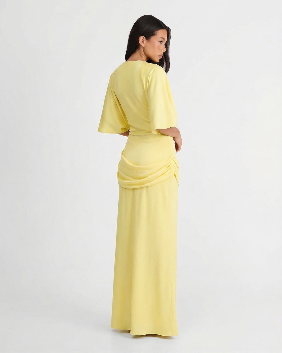 Summer | Asymmetric Ruched Panel Round Neck Flared Sleeve Fitted Midi Dress