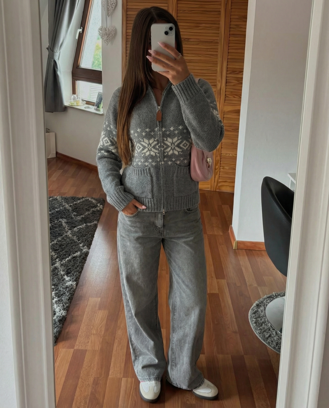 Lux | Winter Snowflake Zip Cardigan Grey White Knitted