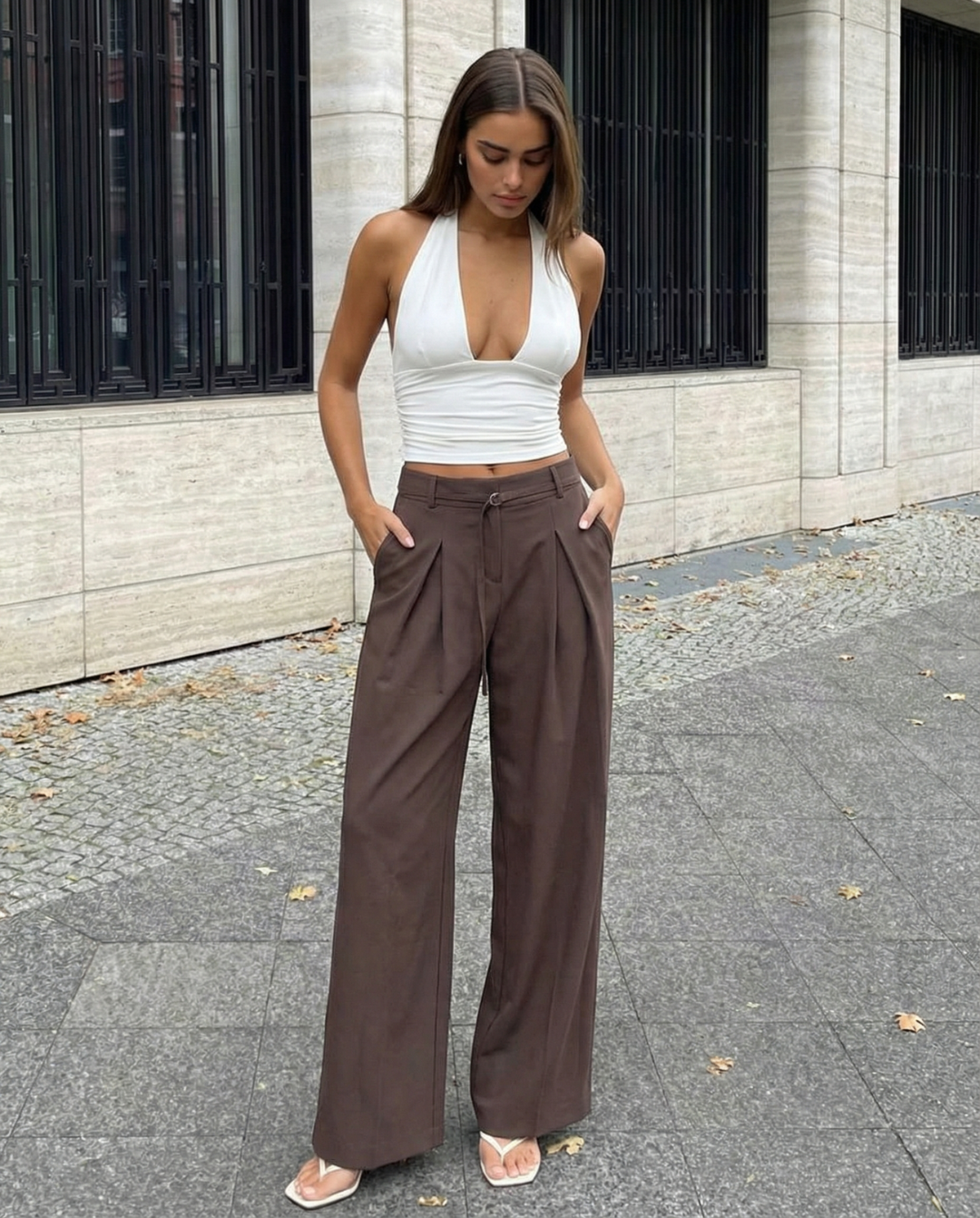Ivy | High-Waist D-Ring Belt Deep-Pleat Wide-Leg Trousers in Brown