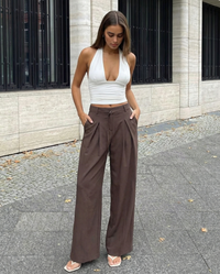 Ivy | High-Waist D-Ring Belt Deep-Pleat Wide-Leg Trousers in Brown