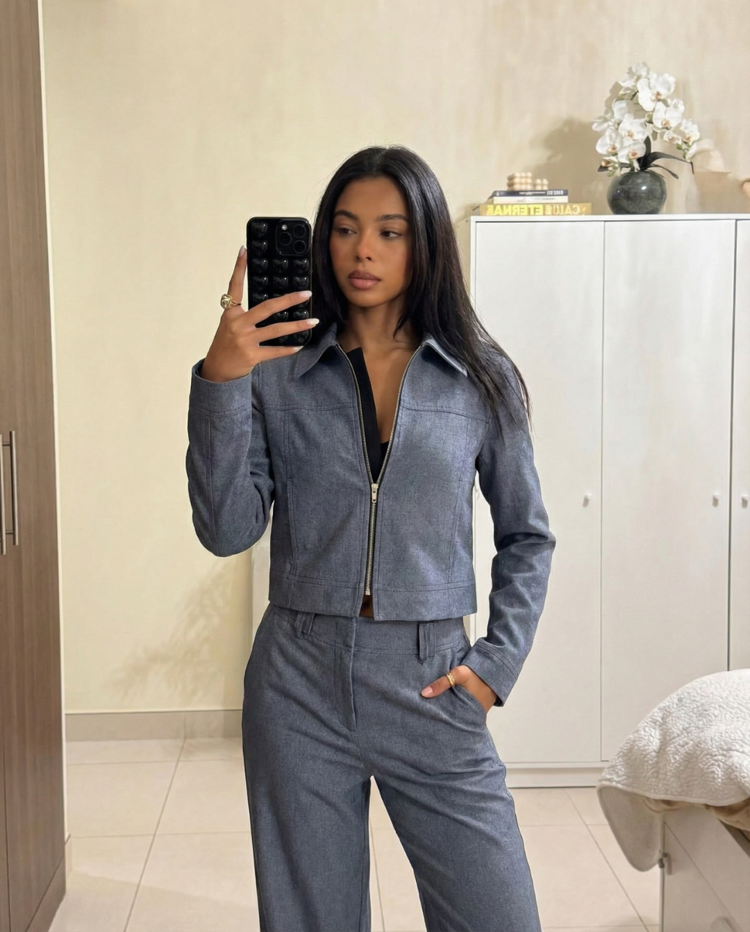 Eliza | Textured Zip Jacket Wide Leg Pants Set
