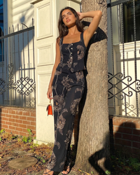 Ailsa | Floral Print Square Neck Peplum Top and Wide-Leg Trousers Matching Set in Black