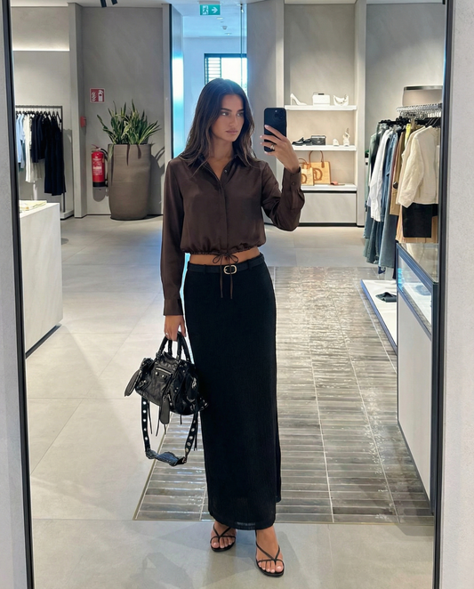 Coco | Elegant Satin Shirt Chocolate Brown