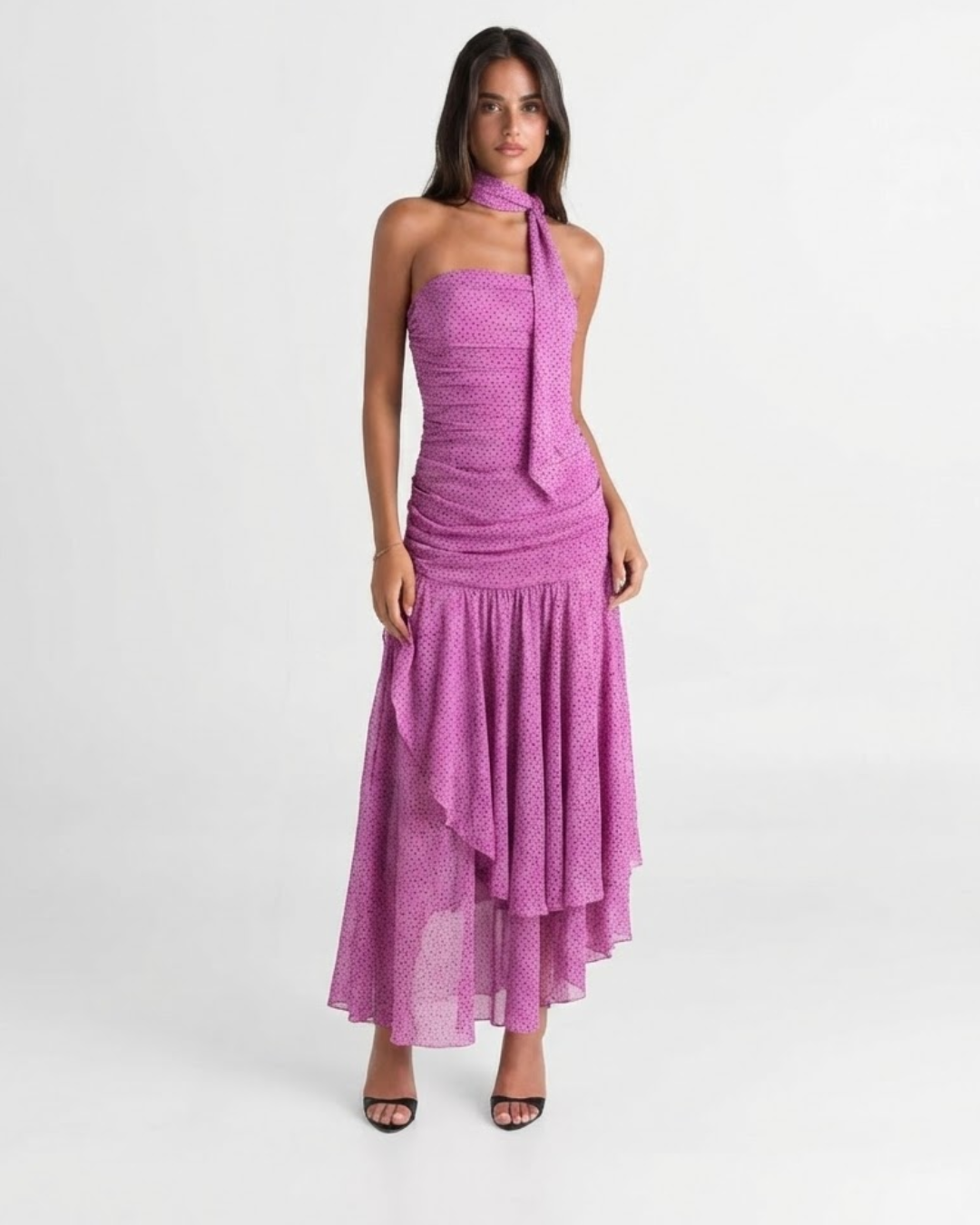Alyssa | Polka Dot Ruched Bodice Asymmetric Chiffon Dress