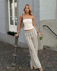 Lois | High-Waist Stripe Contrast Hem Wide-Leg Linen Trousers in Cream
