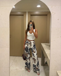 Daisy | Abstract Print Border Hem Wide-Leg Trousers with Side Pockets