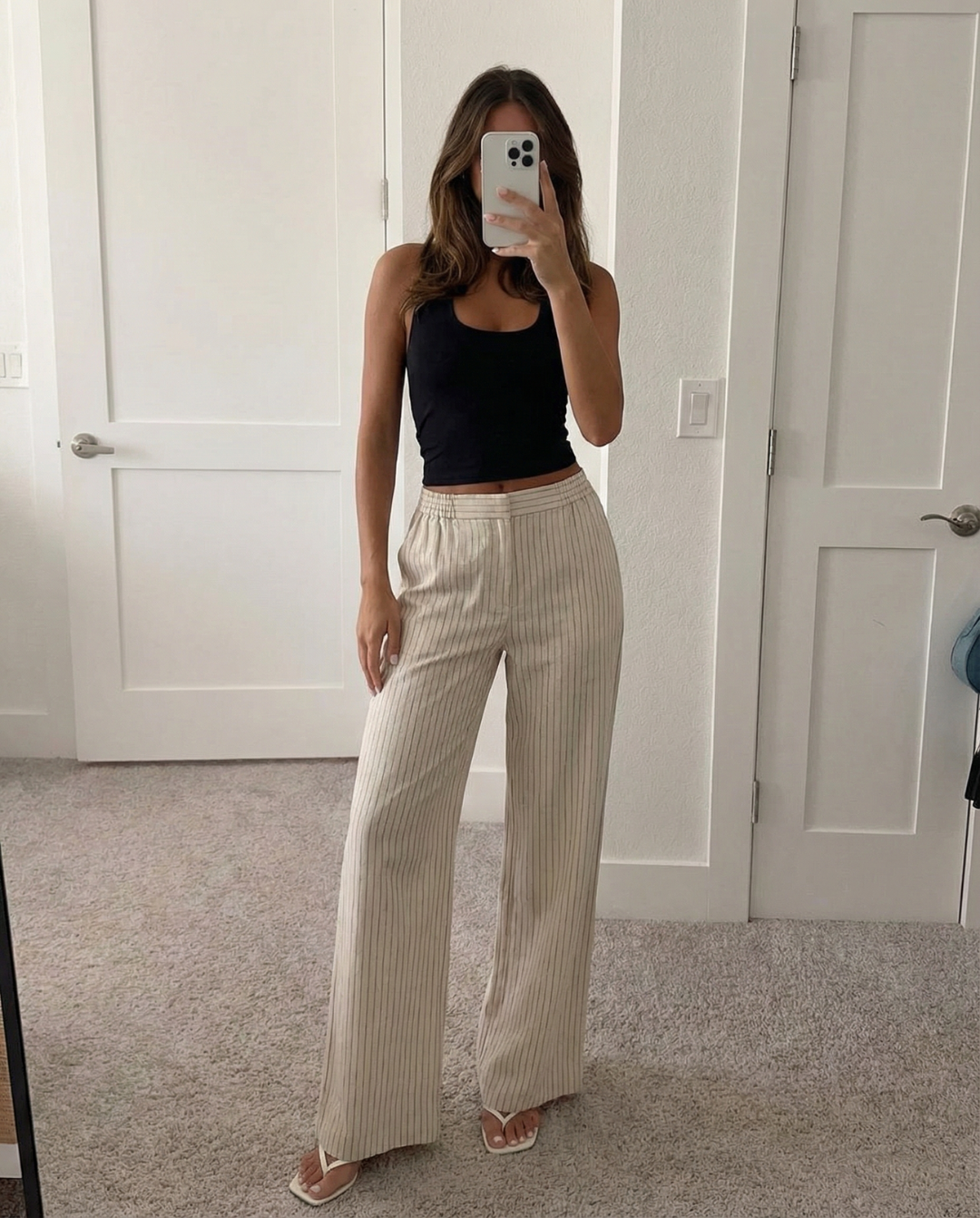 Grace | Pinstripe Wide-Leg Linen Trousers with Flat Front and Elasticated Back