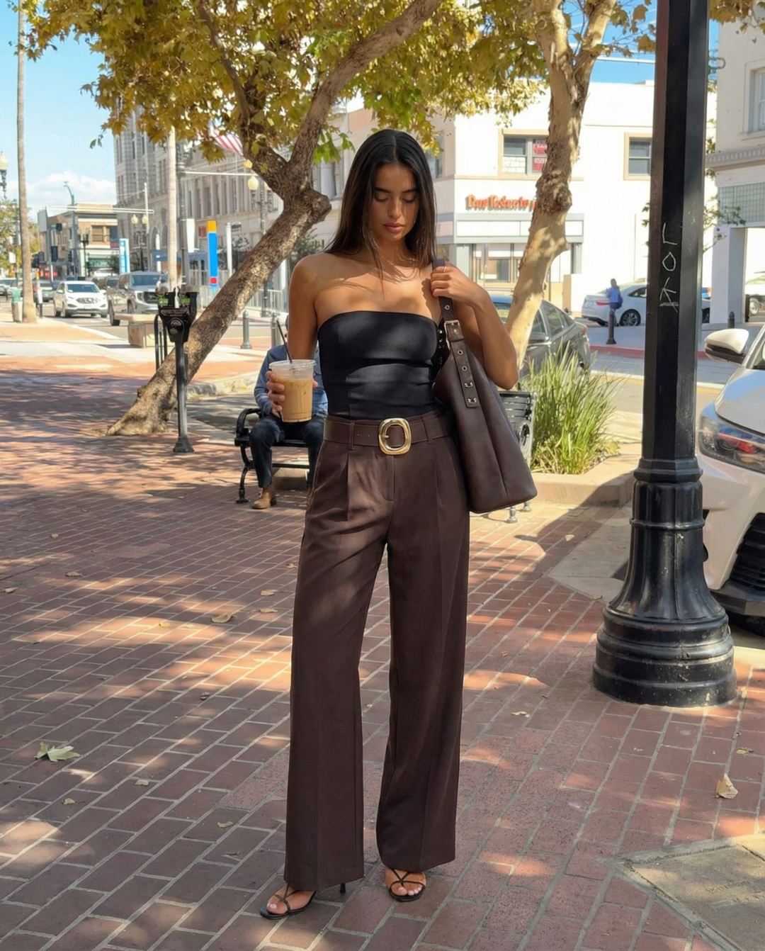 Ella | High-Waist Front-Pleat Wide-Leg Tailored Trousers in Brown