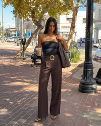 Ella | High-Waist Front-Pleat Wide-Leg Tailored Trousers in Brown
