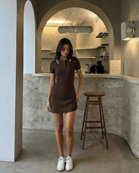 Una | Polo Collar Cable Knit White Tipped Button Placket A-Line Knitted Mini Dress