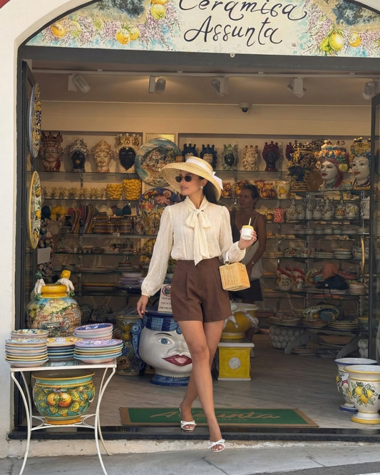 Lena | Elegant Tie Neck Cream Shorts Set Brown Pleated