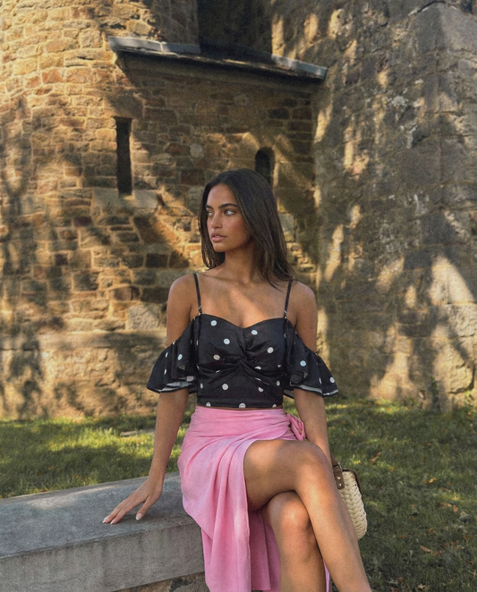 Celeste | Off Shoulder Top Black Satin Crop Polka Dot Ruched