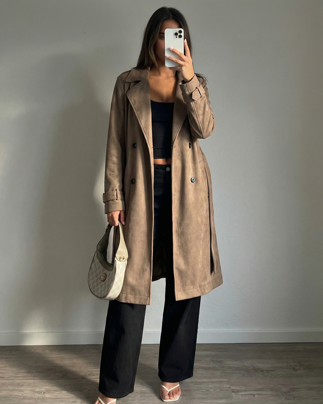 Lola | Casual Suede Trench Coat Beige Long