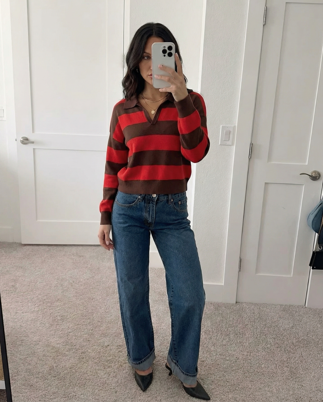 Lily | Red Cosy Striped Knit Long Sleeve Polo Jumper